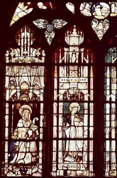 L-R: Simon Aligret och hans brorsöner med St. Simon och St. Catherine, från kapellet St. Joseph